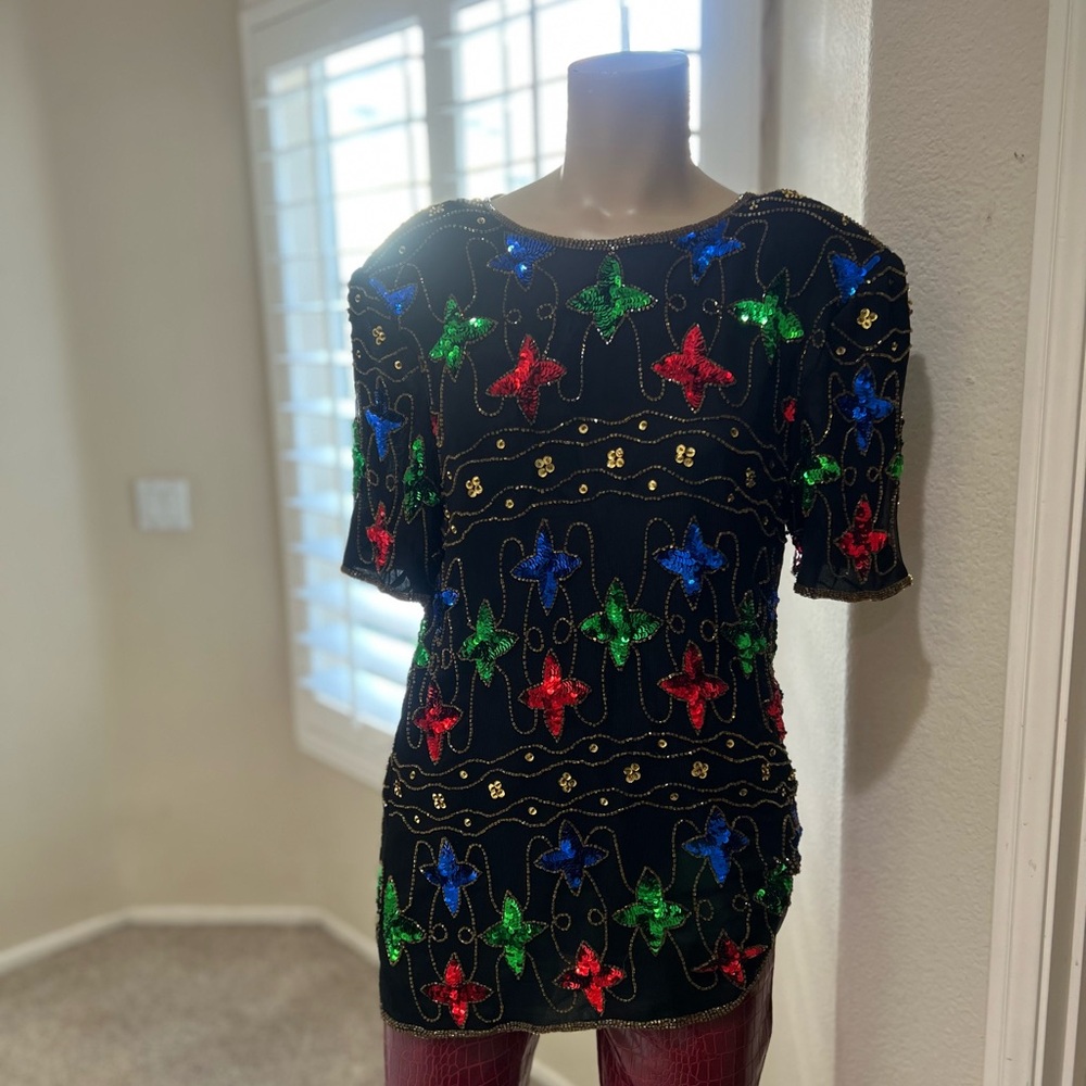 VNTG Black Colorful Silk Sequin Beaded‎ Stars Glitzy Evening Party Glam Blouse M